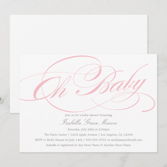 Elegant Oh Baby in Rosa | Einladung der Babydusche (Vorne/Hinten)