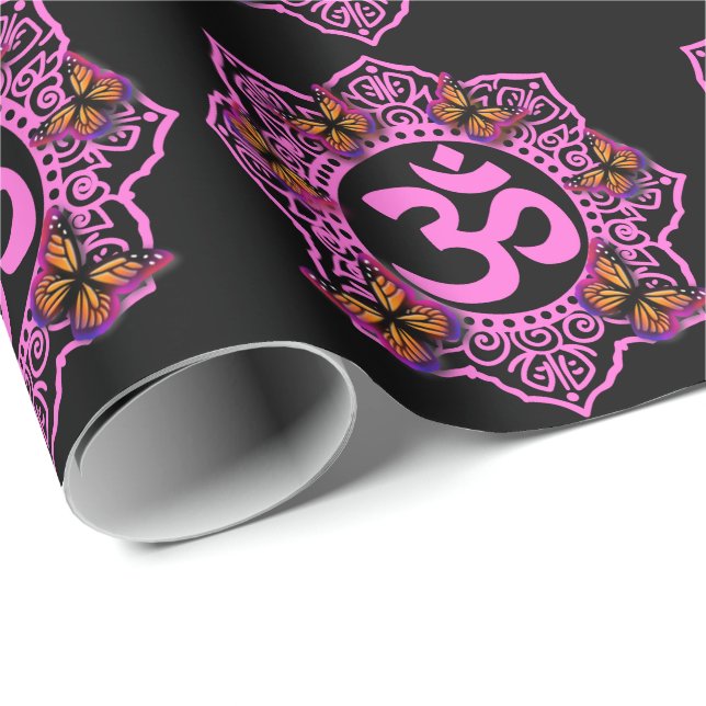 Elegant ohm mandala Design Rosa lila Schmetterling Geschenkpapier (Rolleneckpunkt)