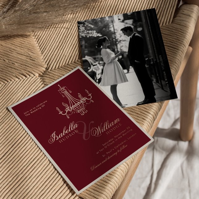 Elegant Old Money Deep Red Photo Timeless Wedding Folieneinladung (Von Creator hochgeladen)
