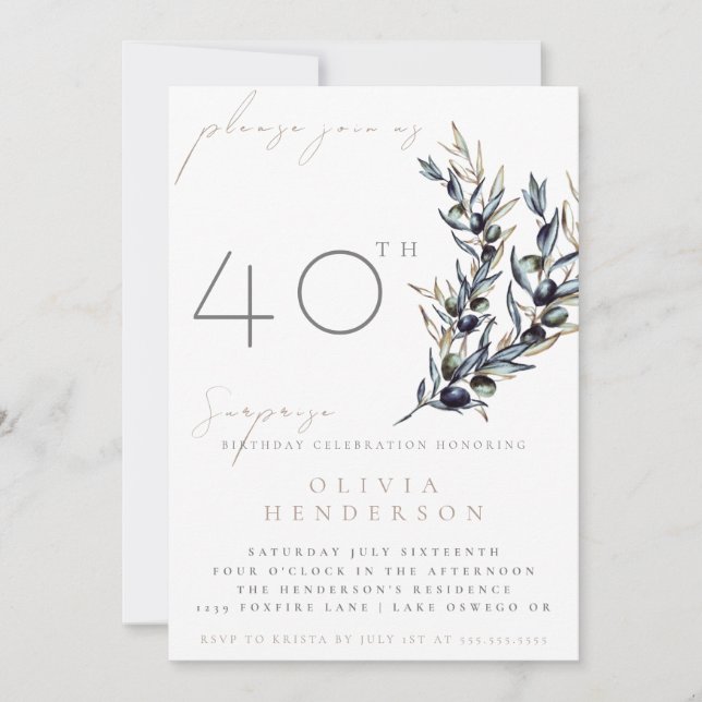 Elegant Olive Branch Surprise Birthday Invitation Einladung (Vorderseite)