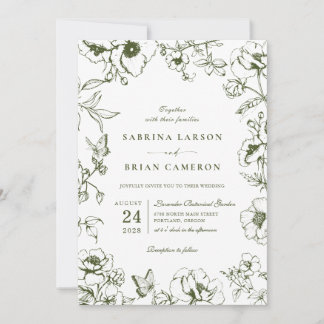 Elegant Olive Green Floral Garden Wedding Photo Einladung
