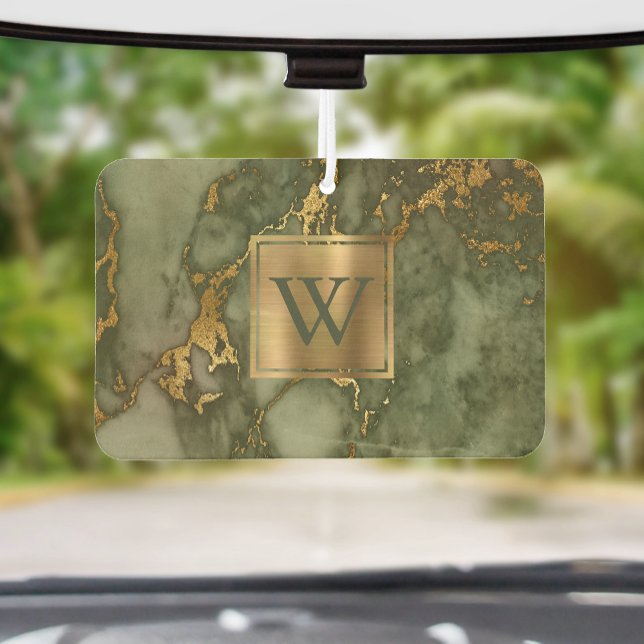 Elegant Olive Green Gold Marble Monogram Autolufterfrischer (Von Creator hochgeladen)