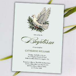 Elegant Olive Green Script White Dove Taufe Einladung