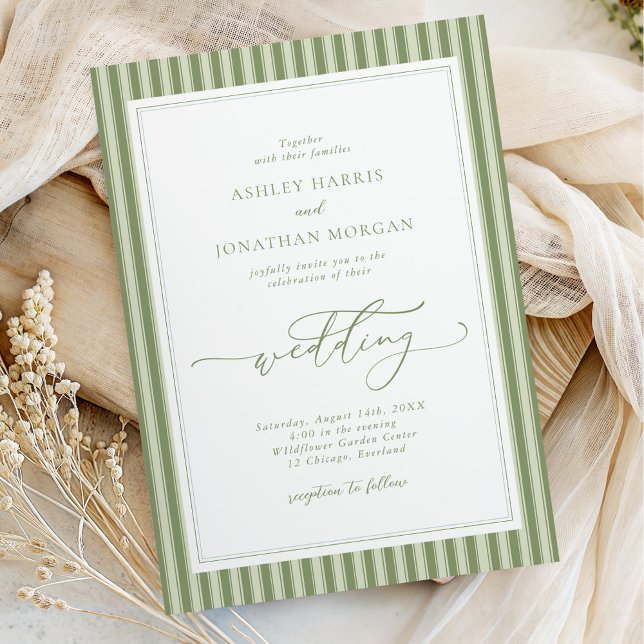 Elegant Olive Green Stripes Wedding Invitation (Créateur téléchargé)