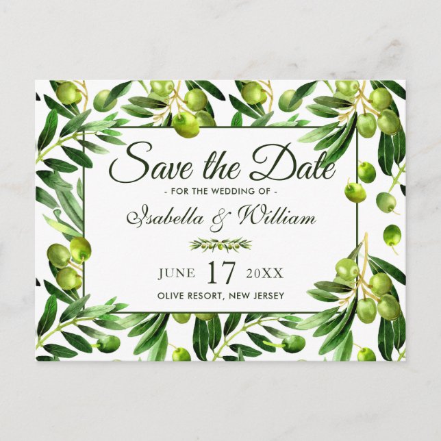 Elegant Olive Leaf Boho Garden Save the Date Ankündigungspostkarte (Vorderseite)