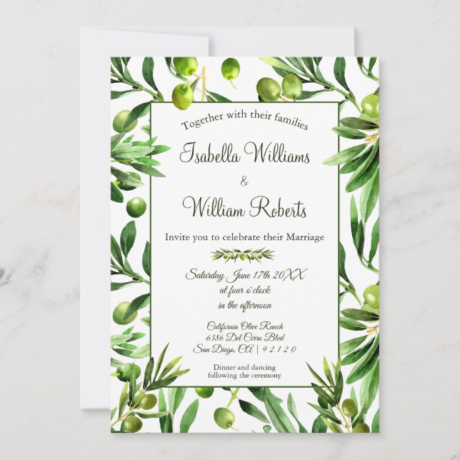 Elegant Olive Leaf Boho Garden Wedding Einladung (Vorderseite)
