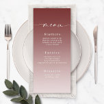 Elegant Ombre Cinnamon Red & Powder Pink Wedding Menükarte<br><div class="desc">Elegante Ombre Cinnamon Red & Powder Pink Hochzeitsempfang Abendessen Menü. Diese moderne schicke Menu-Karte ist einfach klassisch und elegant mit einem subtilen ombre-Farbverlauf und einem hübschen Signatur-Script-Kalligraphie-Schriftart mit Schwänzen. Im neuen Farbraum gezeigt. Erhältlich in mehreren Farboptionen, oder fühlen Sie sich frei, die Farben aus dem Editor zu bearbeiten (klicken Sie...</div>