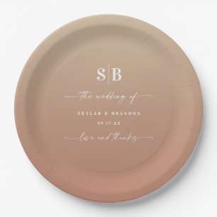 Elegant Ombre Clay & Gold Mit Monogramm Wedding Pappteller