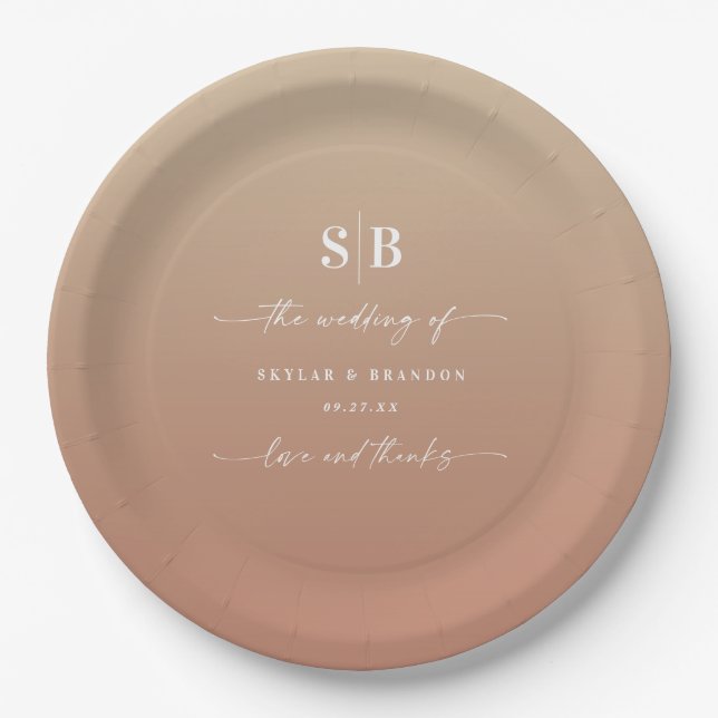 Elegant Ombre Clay & Gold Mit Monogramm Wedding Pappteller (Vorderseite)