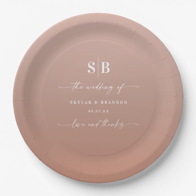 Elegant Ombre Clay & Pink Mit Monogramm Wedding Pappteller (Vorderseite)