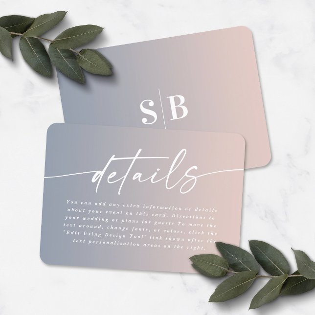 Elegant Ombre Dusty Blue & Pink Wedding Details Begleitkarte (Von Creator hochgeladen)