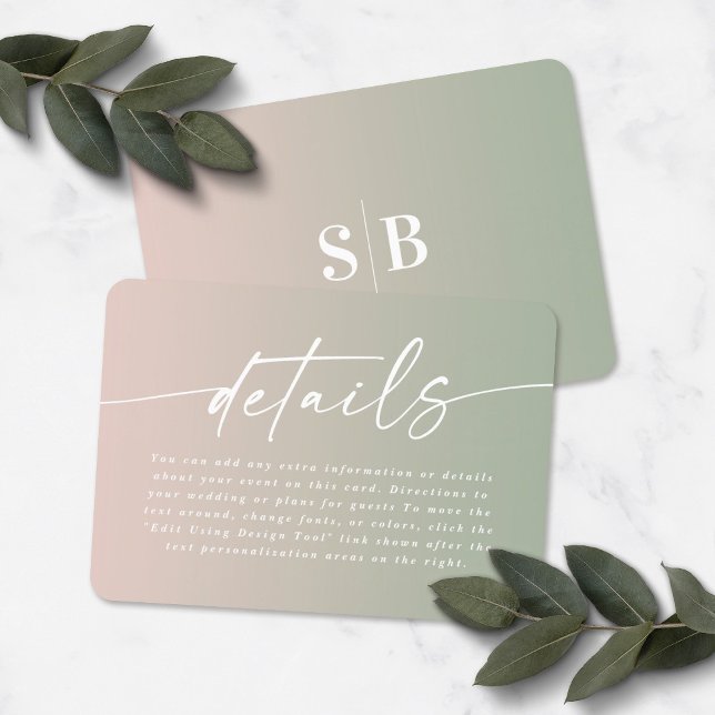 Elegant Ombre Green & Blush Pink Wedding Details Begleitkarte (Von Creator hochgeladen)