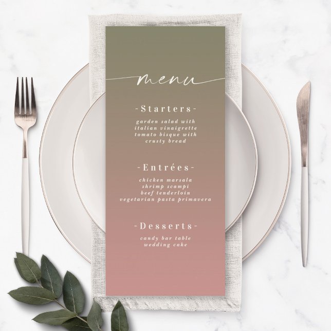 Elegant Ombre Lily Green & Dusty Rose Pink Wedding Menükarte (Von Creator hochgeladen)