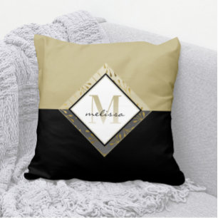 Elegant Ombre Monogram + Name Black + Tan + Gold Kissen
