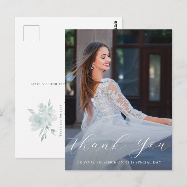 Elegant One Foto Quinceanera Blue Floral Script Postkarte (Vorne/Hinten)