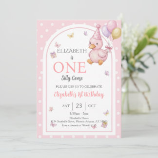 Elegant One Silly Goose Pink Bow Girl 1st Birthday Einladung