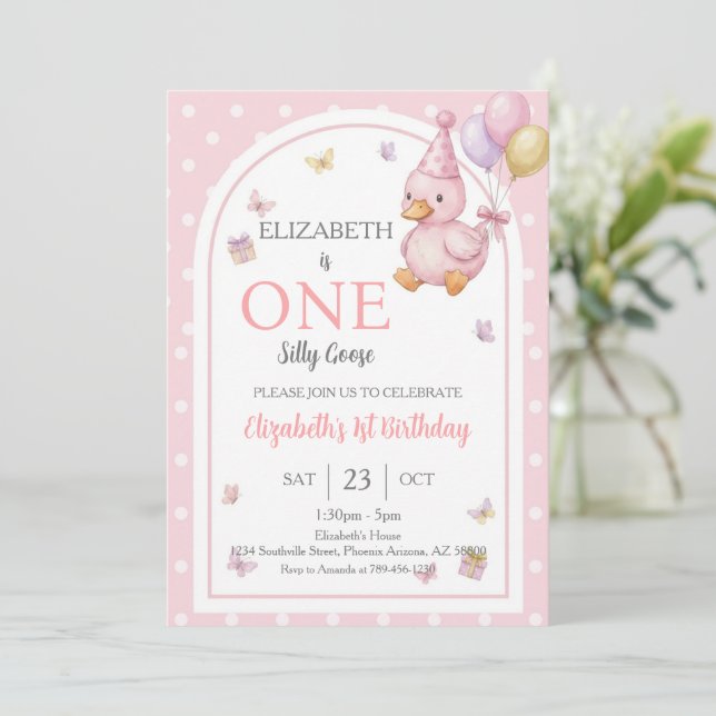 Elegant One Silly Goose Pink Bow Girl 1st Birthday Einladung (Stehend Vorderseite)