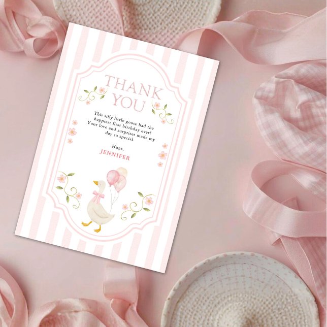 Elegant One Silly Goose Pink Girls 1st Birthday  Dankeskarte (Von Creator hochgeladen)