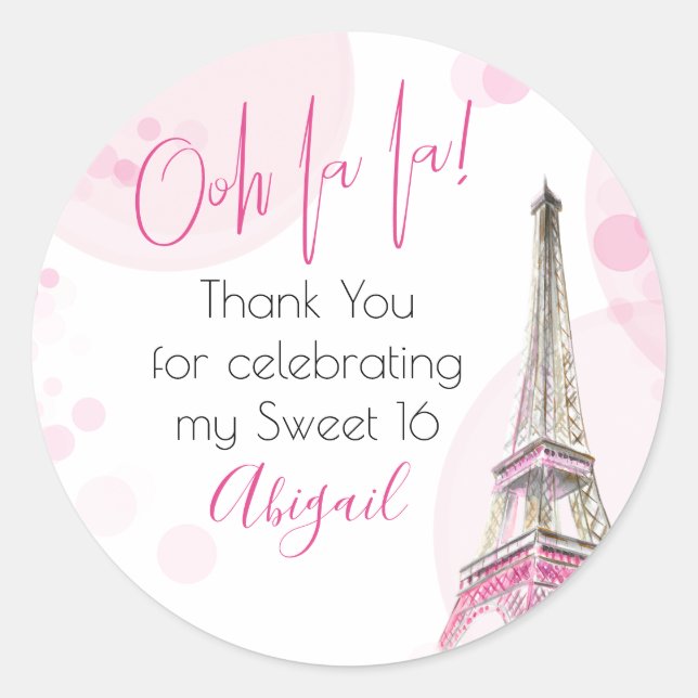 Elegant Ooh la Paris Eiffel Tower Pink White Runder Aufkleber (Vorderseite)