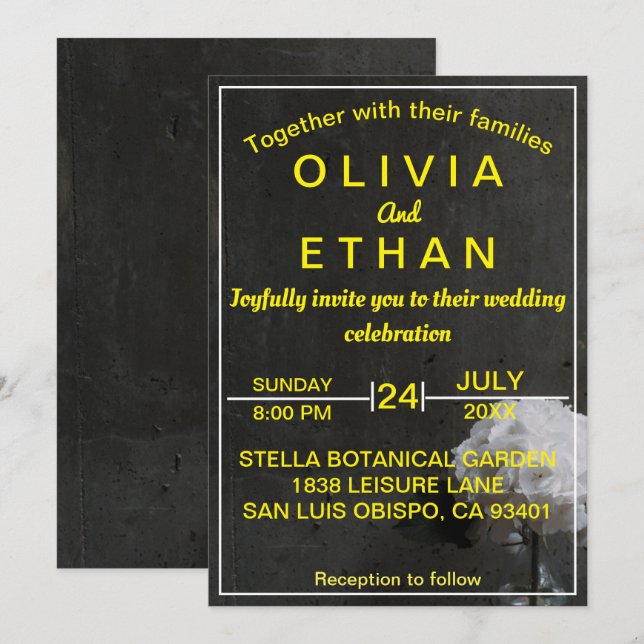 Elégant or et Faire-part de mariage floral noir (Devant / Derrière)