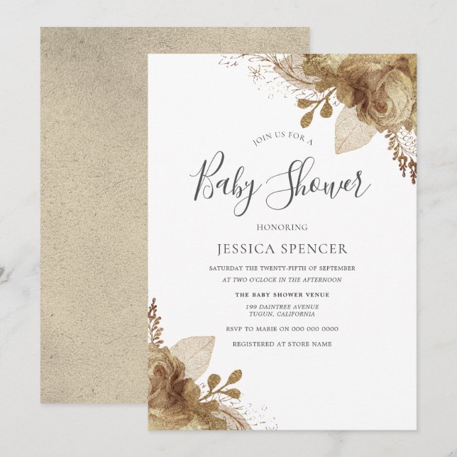 Elégant or Floral Neutral Baby shower Invitation (Devant / Derrière)