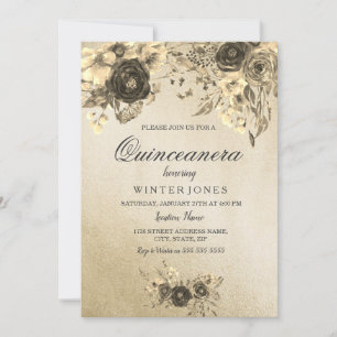 Élégant or Floral Quinceanera Invitation