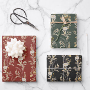 Élégant or Floraux Enveloppement Papier Set de 3
