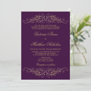 Elégant Or Flourish Damask Eggplant Invitations