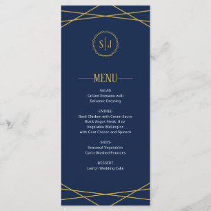 Elégant Or Géométrique Menu Mariage bleu foncé