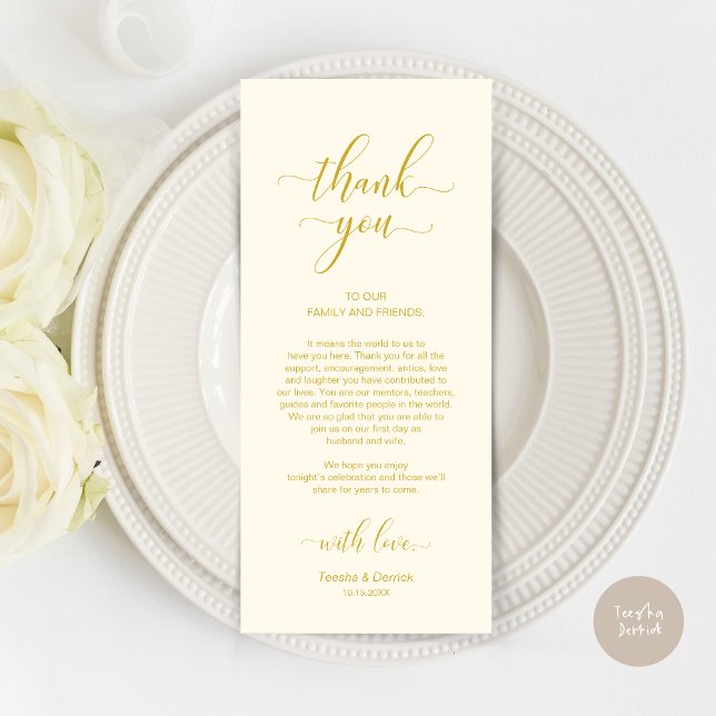 Elégant or jaune, Carte de remerciements de réglag (Wedding Dinner Place Setting Thank You Card, Modern Classy Design, Yellow Gold)