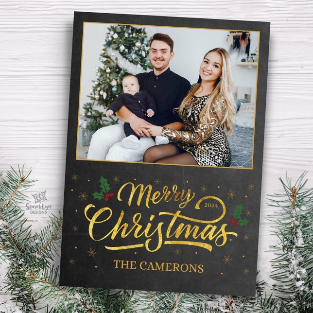 Elégant or Joyeux Carte photo de famille de Noël (Glitter details are simulated in artwork. No actual glitter will be used in the making of product.)