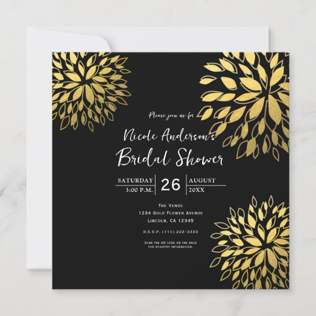 Elégant Or moderne Foil Floral Black Invitation (Devant)