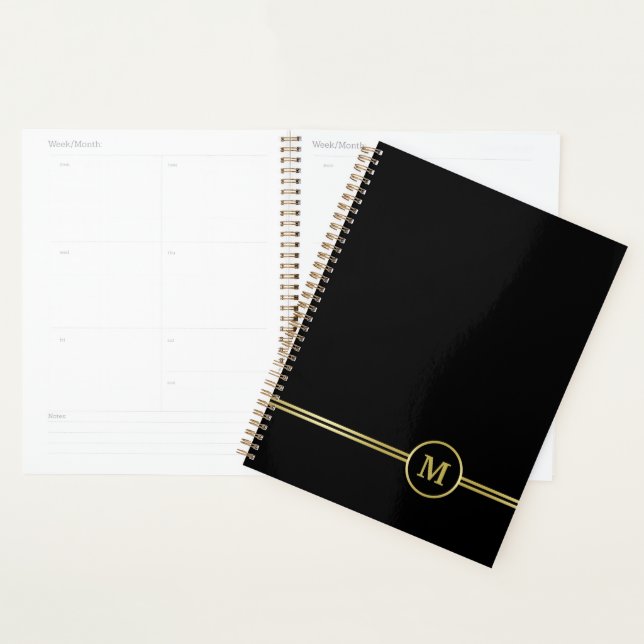 Élégant or Monogramme personnalisé sur noir (Devant avec enveloppe)