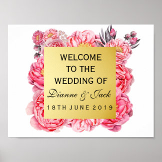Elégant or & pivoines Floral Mariage Affiche de bi