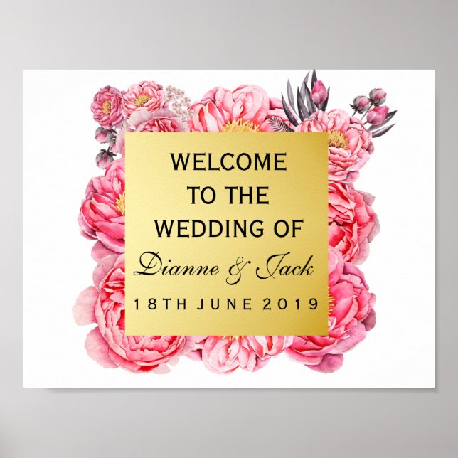 Elégant or & pivoines Floral Mariage Affiche de bi (Devant)