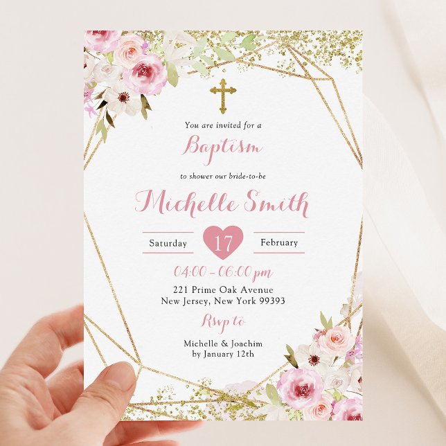 Élégant or rose floral fille Baptême Invitation (Créateur téléchargé)