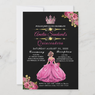 Elégant or rose Floral Quinceanera Invitation