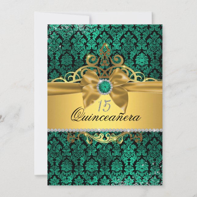 Elégant or Turquoise Damask Quinceanera Invitation (Devant)