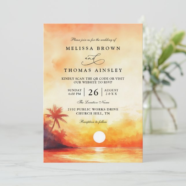 Elegant Orange Beach Sunset QR Code Wedding Einladung (Stehend Vorderseite)