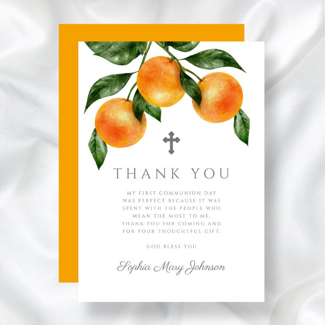 Elegant Orange First Holy Communion Dankeskarte (Elegant Oranges First Holy Communion Thank You Card)