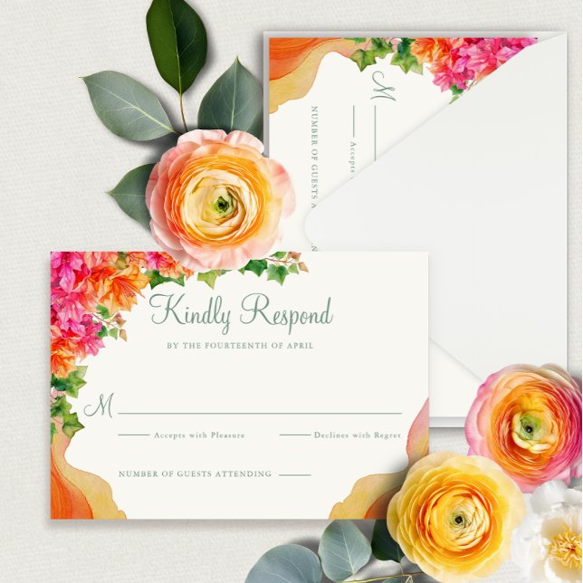 Elegant Orange Floral Bougainville Wedding RSVP Begleitkarte (Von Creator hochgeladen)