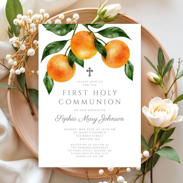 Elegant Orange Girl Einladung (Elegant Oranges Girl First Holy Communion Invitation)