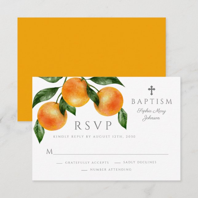 Elegant Orange Girl Taufe RSVP Karte (Vorne/Hinten)