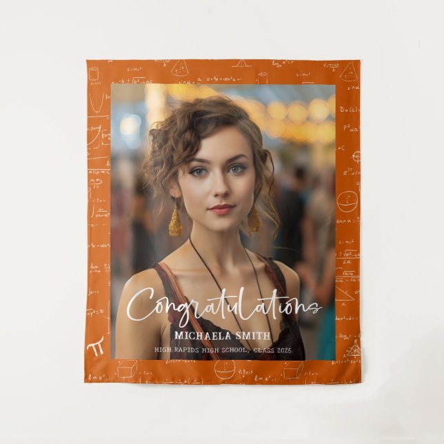 Elegant Orange Math Congratulations Photo Graduate Wandteppich (Vorderseite)