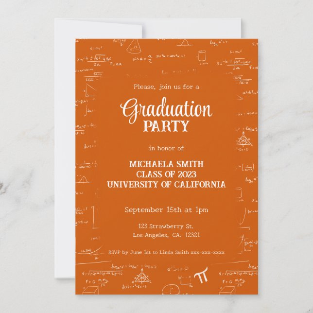 Elegant Orange Math Hand-Written Photo Graduation Einladung (Vorderseite)