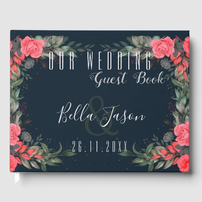 Elegant Orange Peach Gray Floral Script Hochzeit Gästebuch (Vorderseite)
