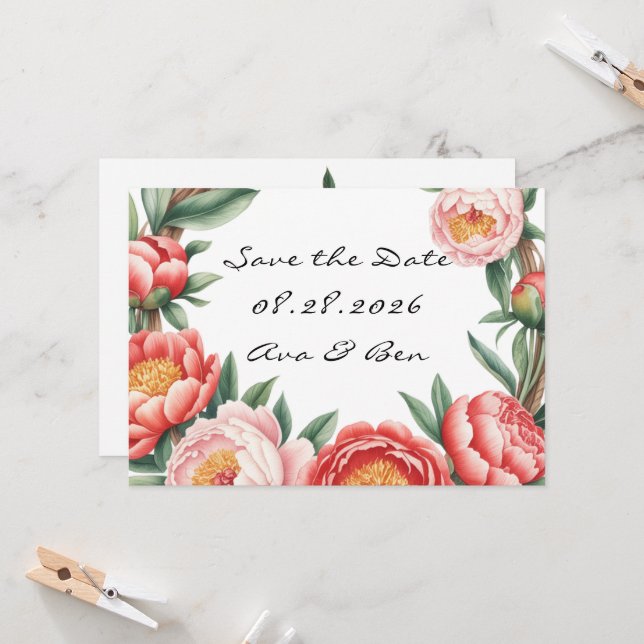 Elegant Orange Peony Paint Wedding Save the Date Einladung (Vorderseite/Rückseite Beispiel)