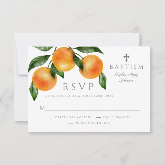 Elegant Orange Religious Girl Baptisse RSVP Karte (Vorderseite)