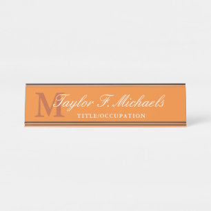 Elegant Orange White Monogram & Name Schreibtischnamensplakette