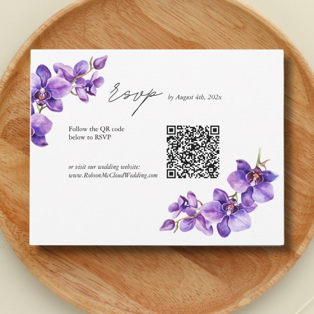 Elegant Orchid Skript Hochzeit QR-Code RSVP Karte (Von Creator hochgeladen)